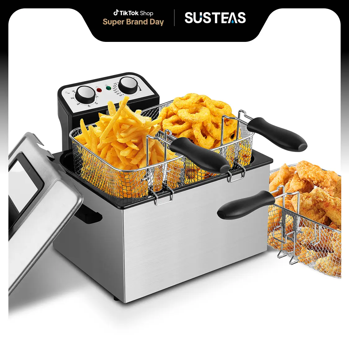 SUSTEAS Electric Deep Fryer, 4 Liters. Oil Capacity, Cool Touch Sides Easy to Clean, Deep Fryer with Basket for Home Use, Nonstick Basket