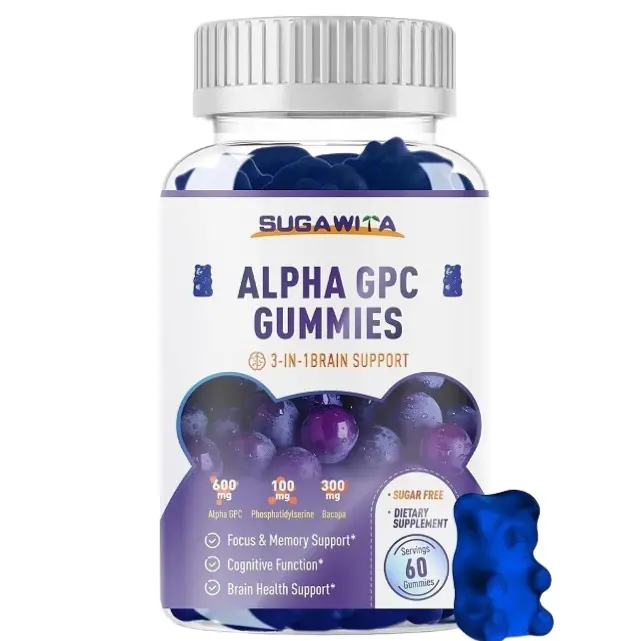 SUGA WITA Alpha GPC Choline Gummies 600mg with Phosphatidylserine & Bacopa – 3-in-1 Brain Support for Memory, Focus & Long-Term Cognitive Health – Sugar-Free, Natural Formula, 60 Counts