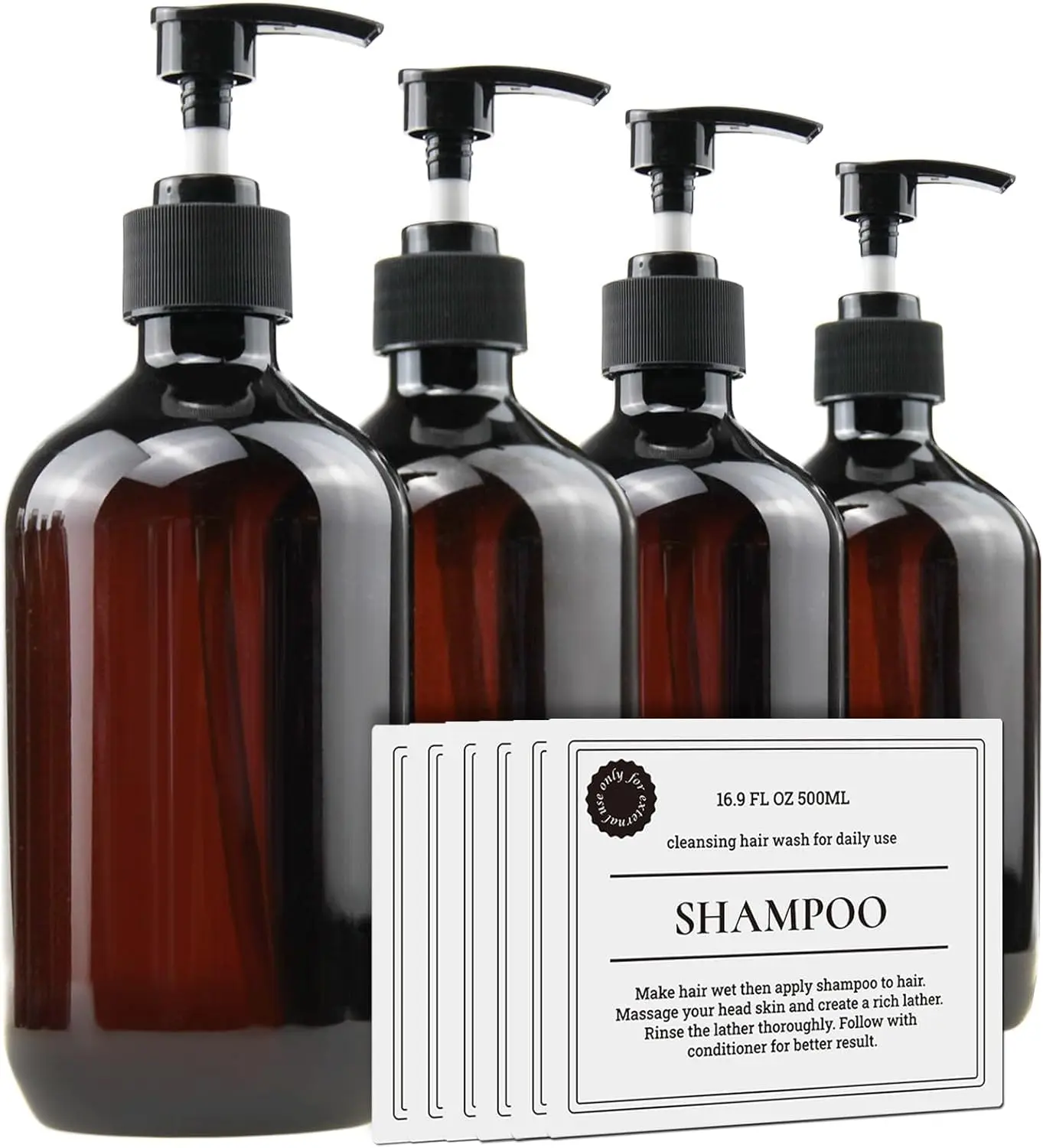 4 Pack Empty Plastic Bottles with Pump Dispenser, Refillable Travel Containers for Hand sanitizer Shampoo Lotion, etc - BPA/Paraben Free, 500ml/16.9oz (Labels Included)