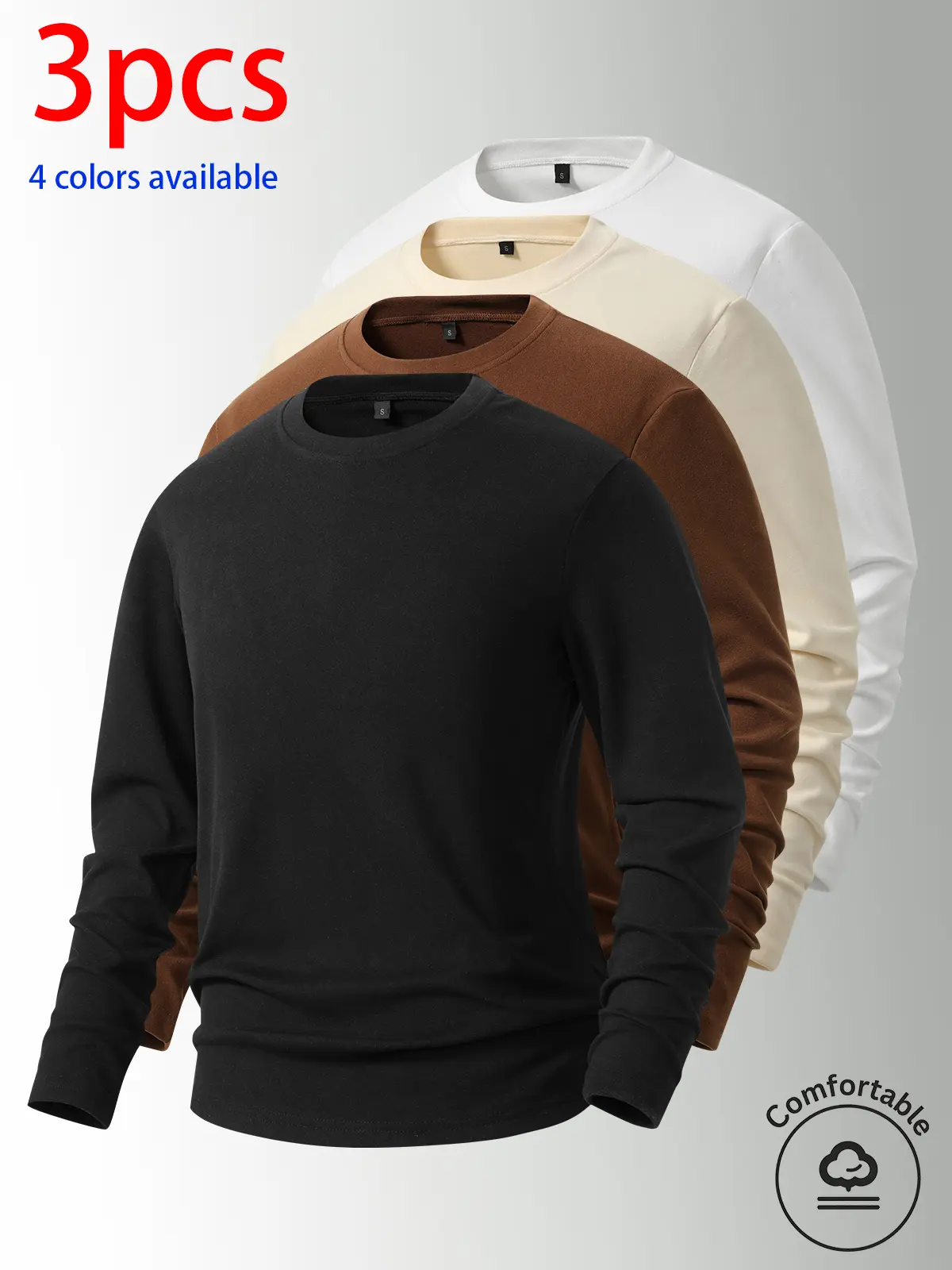 3-pack: men’s long-sleeve shirts, men’s German fleece crewneck long-sleeve T-shirts.Loose, stretchy, versatile base layer top; simple solid color for all seasons; suitable for wearing alone or layered in autumn/winter; ideal for everyday casual wear, stud