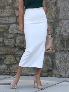 Women's Solid Color Woven Skirt, Fashion Chic Elegant Casual Slim Zipper Back Midi Skirt for Daily Outdoor Wear, Ladies Bottoms for Summer