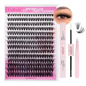 FADLASH Lash Clusters Kit 280PCS Individual Eyelash Clusters Natural D Curl 8-16mm Eyelash Extension Kit with Lash Bond and Seal Lash Tweezer for Beginners (40D-0.07D-8-16mm KIT)