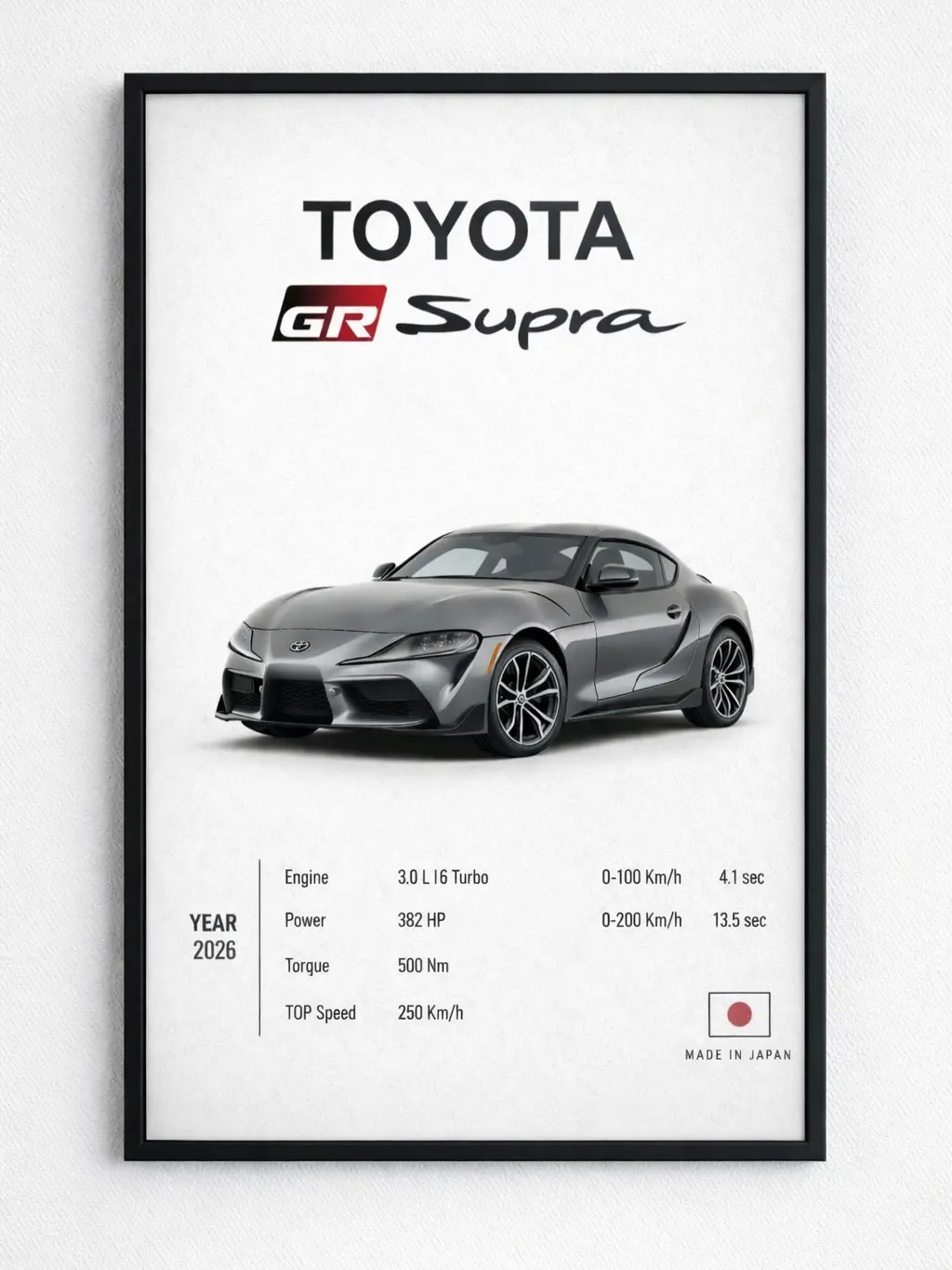 Toyota GR Supra Luxury Photo Poster, Framed Wall Decoration with Black Frame for Home Bedroom - 12x18in, Artistic
