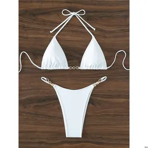Setmicro Set Triangle Linked Swim tiktok Summer Beach Chain Halter Bikini White