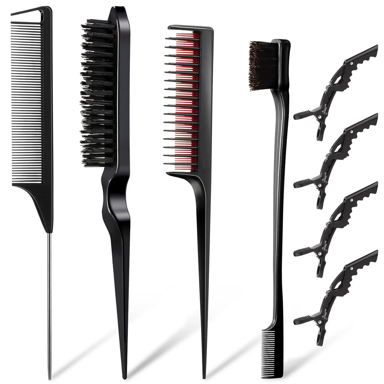 8-Piece Hair Styling Comb and Brush Set for Women, Rat Tail Comb, Teasing Brush, Edge Brush, Triple Comb and 4 Hair Clips