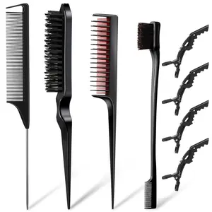 rat tail comb 8 Pcs Hair Styling Set for Women, Girls, and Stylists: Teasing Brush, Edge Brush, Triple Comb, Rat Tail Comb with Clips
