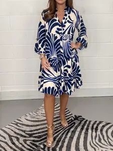 Women's Sexy Boho Vibe Blue Midi Dress - V-Neck, 3/4-Sleeve, Flowy Loose Comfortable Casual Wear - Elegant Outfit for Spring, Beach Brunch