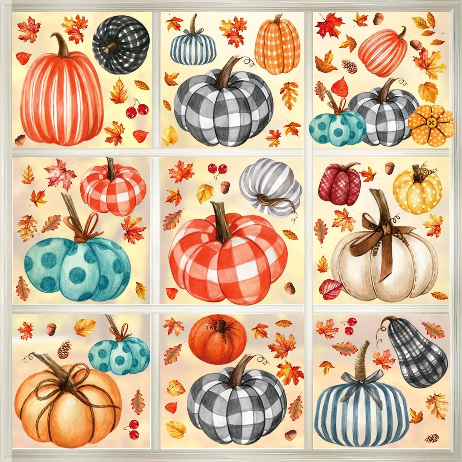 98 PCS Thanksgiving Window Clings 9 Sheets Fall Window Clings Pumpkin Maple Leaves Window Decals Double-Sided Window Stickers