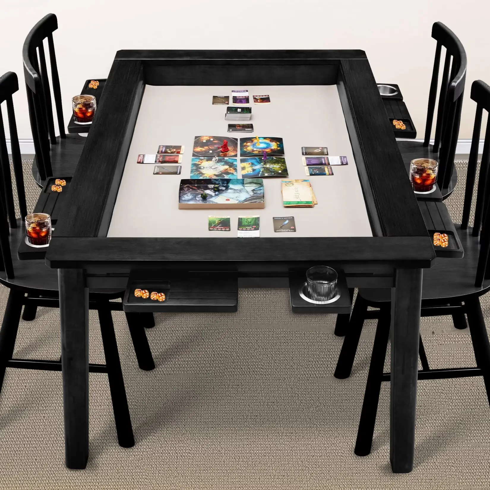 HABUTWAY Solid Wood Board Game Table for 4-6 Players, 54" x 31" Convertible Dining Table with Removable Top, Game Mat, 6 Cup Holders & Hobby Trays, for D&D Card Game Puzzle, Black