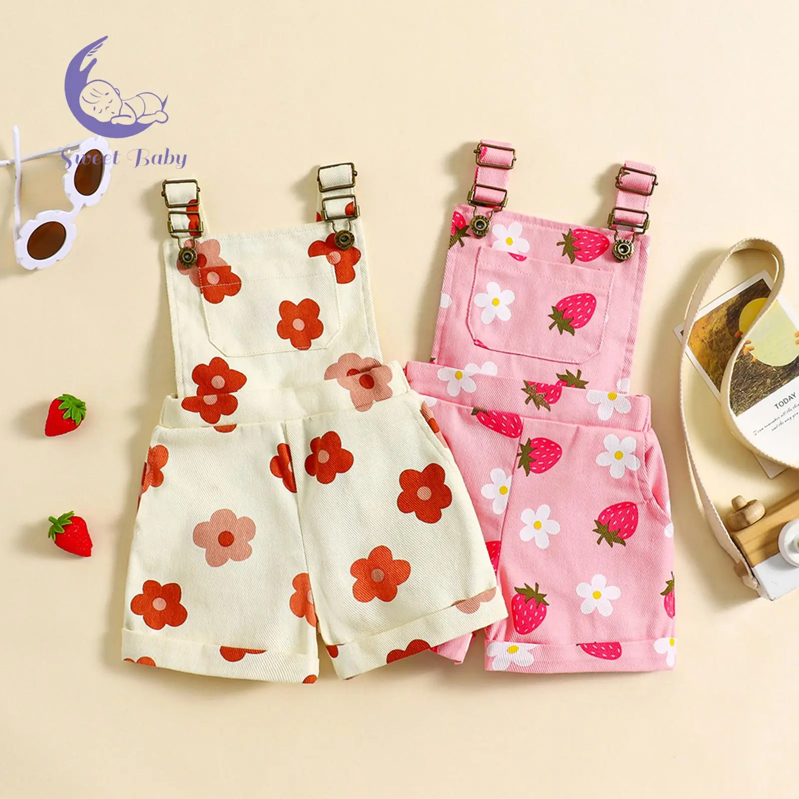 Little Girl Denim Overalls Flower/Strawberry Print Jeans Overalls Strap Suspender Shorts Outfit Pink Summer Clothing Set Toddler baby boy clothes baby