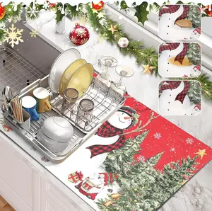 Christmas Dish Drying Mat 12" x 20", Super Absorbent & Cuttable Christmas Tree Snowman Dish Mat Drying Kitchen Mat, Hide Stain Draining Mat for Kitchen Counter Coffee bar Christmas Decor