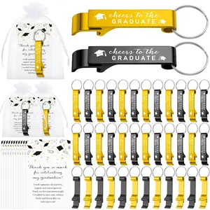 50 Sets Graduation Party Favors for Guests Class of 2026 Graduation Gifts Bulk Personalized Bottle Opener Aluminum Keychain with Thank You Card Organza Bag for Party Decoration(Gold,Black)