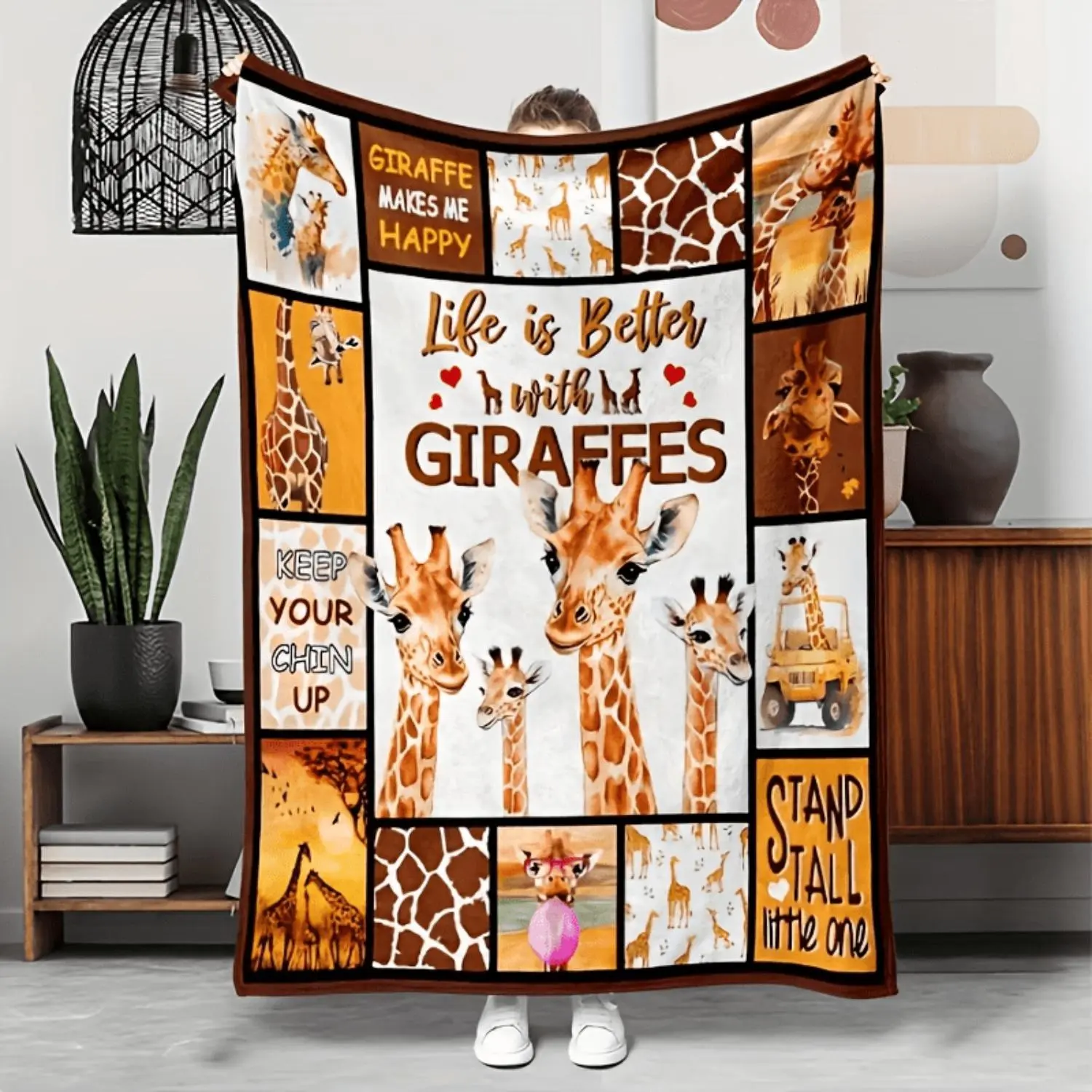 [Orange Giraffe Blanket] 1pc Orange Giraffe Print Fleece Blanket | 100% Polyester, All-Season, Tear-Resistant, Digital Printed, Animal-Themed Sofa Throw | For Napping, Travel, Gift Packaging