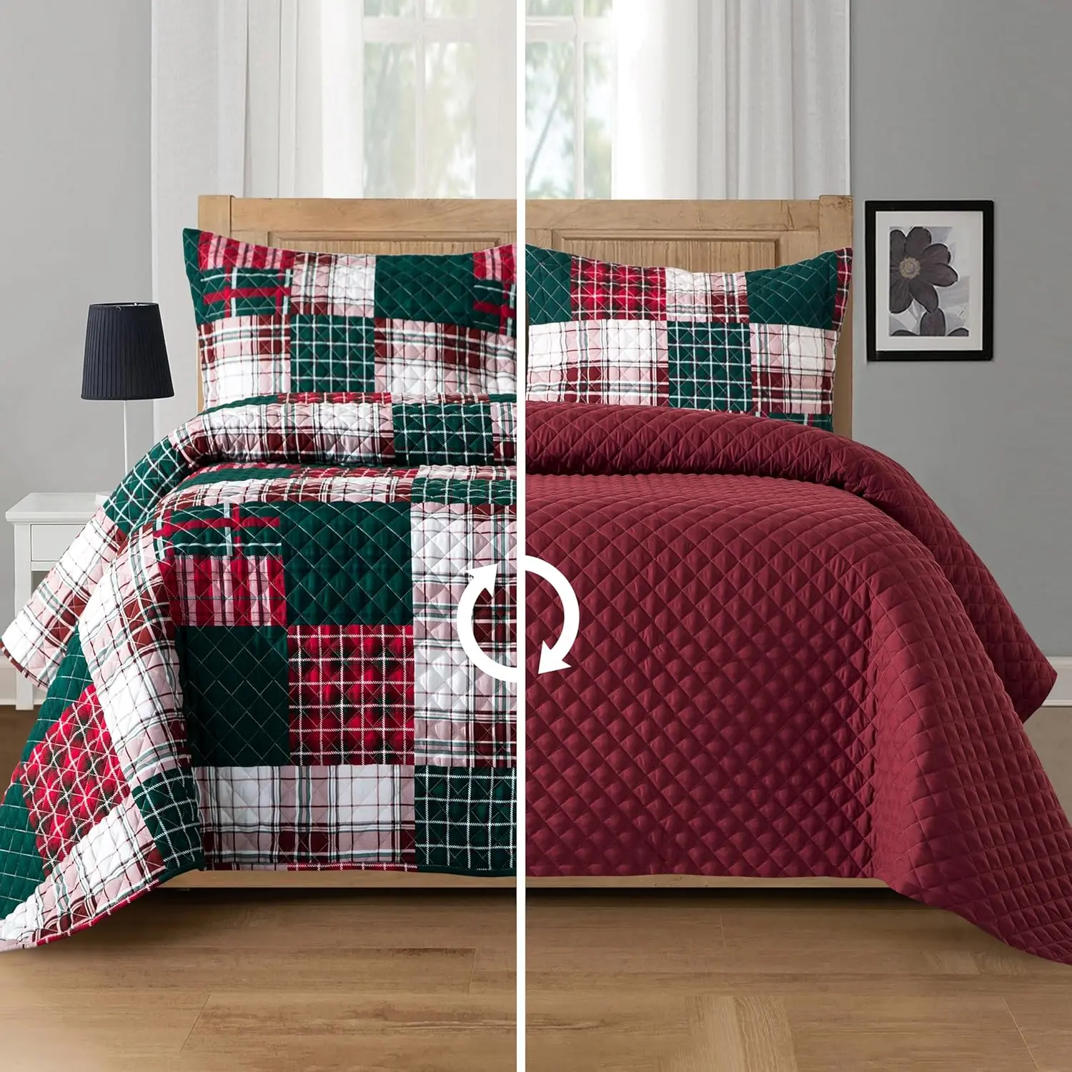 Women's Twin XL Burgundy 3-Plaid Patchwork Microfibre Quilt Set - Durable Heavy-Weight Premium Sewing Coverlet, Matching Pillow Shams, Wrinkle Resistant, Skin-Friendly, OEKO-TEX 100 Certified, Machine Washable