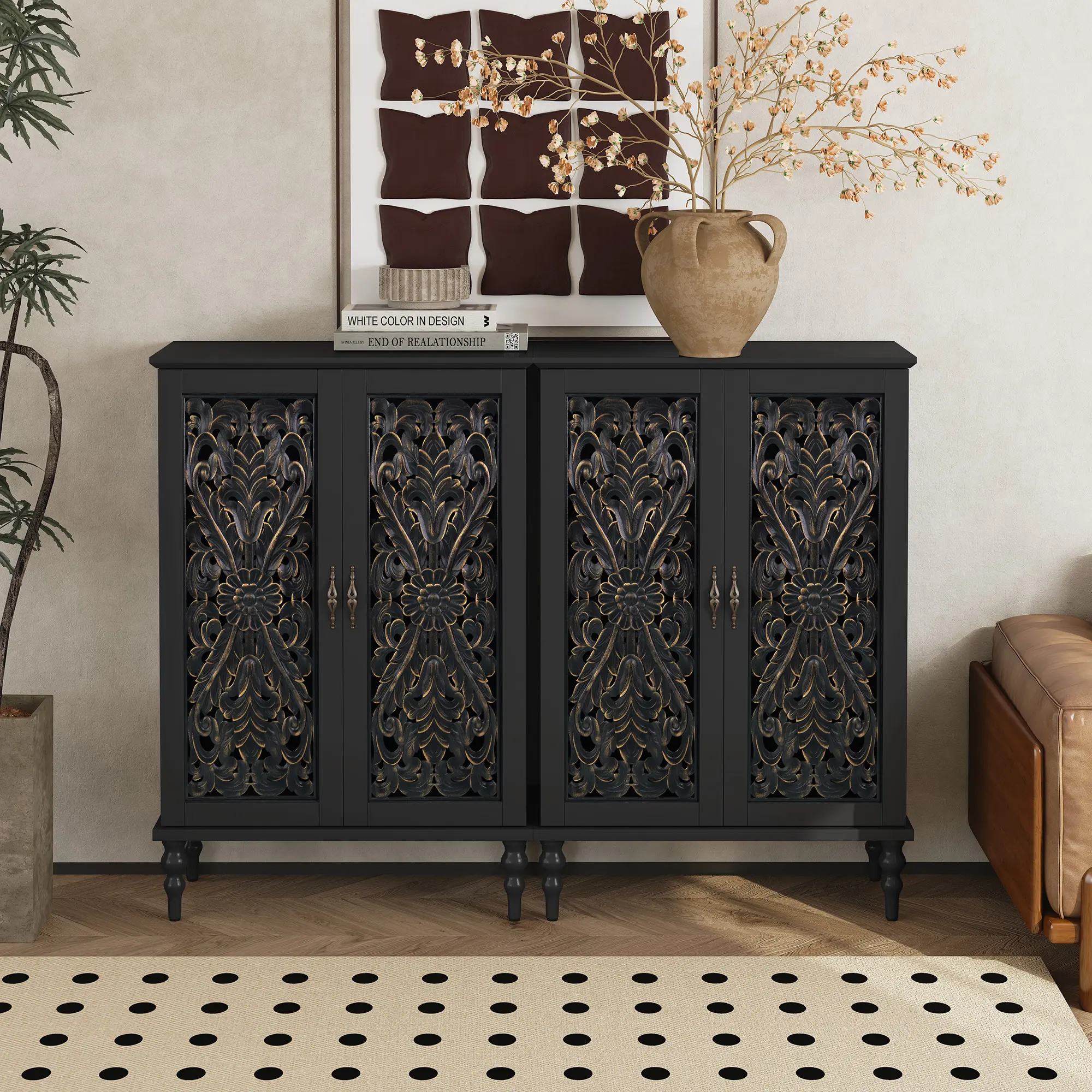 HLR 47" Tall Vintage Black Accent Cabinet - Hand-Carved Gold Accents, Adjustable Storage Cabinet, Prealigned Hinges, Farmhouse Retro Wood Sideboard Buffet, Above 25 kg, Assembly Required for Entryway Indoor Home Decor