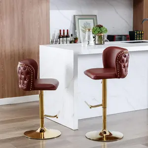 Leather Swivel Bar Stool - Adjustable Counter Height Barstools Set， Modern PU Upholstered Bar Stools with Back Tufted& Nailhead Gold Chrome Base， Home Pub Kitchen Island (Burgundy, Set of 2)