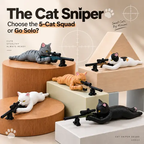 Sniper Cat Gacha Capsule, Cat Figurine Holding Sniper Rifle, Set of 5 Styles, Desktop Ornament, Car Dashboard Decor, Collectible Toy for Cat Lovers Pvc Material