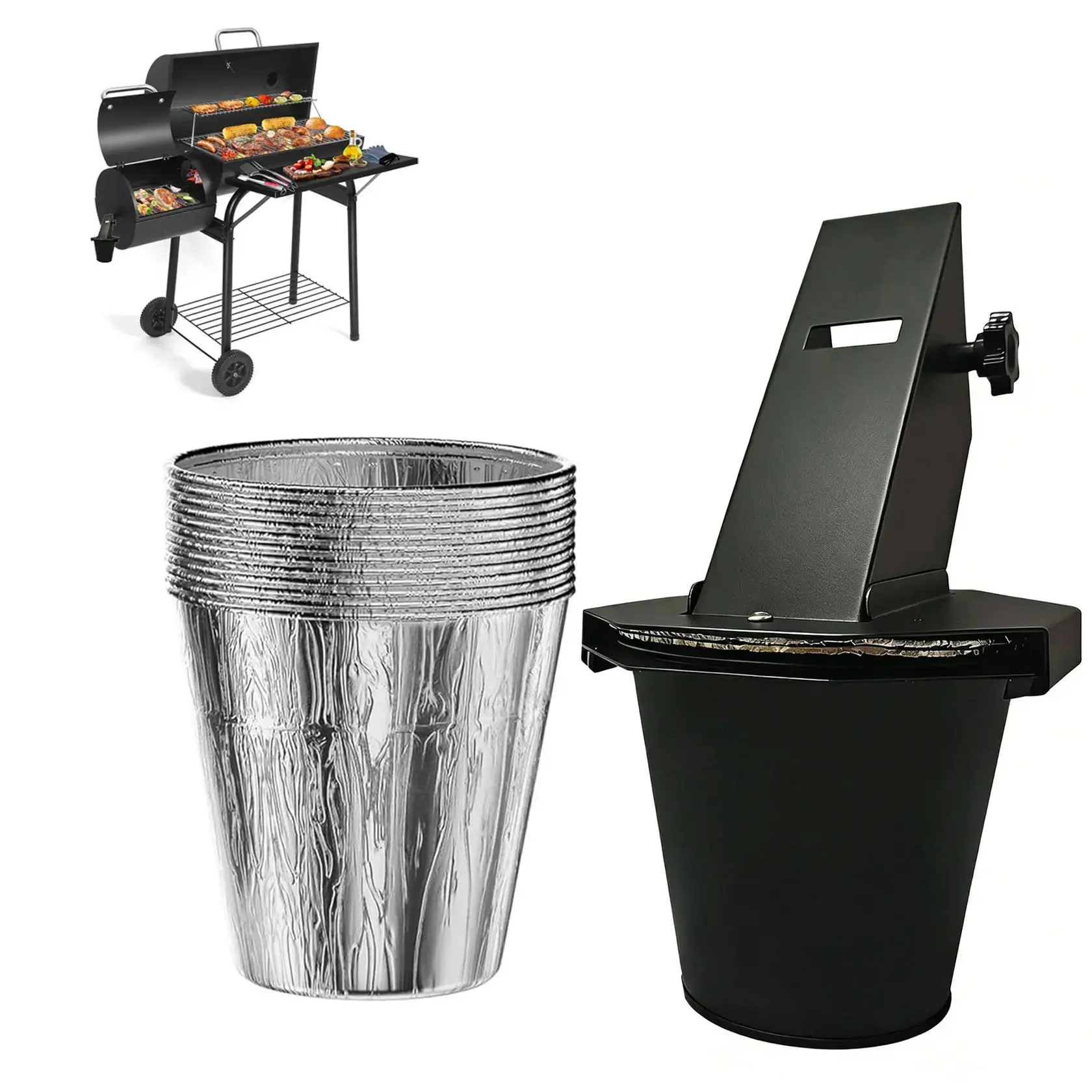 Upgraded Grease Bucket with Lid and 12 Liners, Drip Bucket for Smokers and Grills, Outdoor Barbecue, Easy-Clean Grease Catcher, Cooking, Cleaning