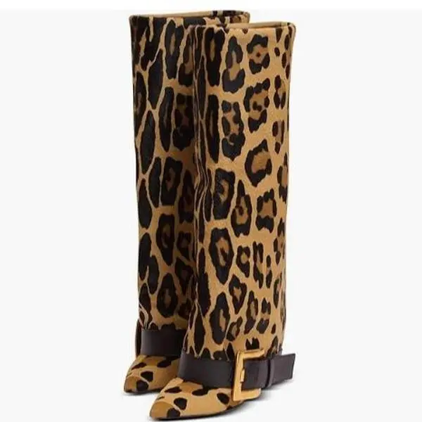 EROCALLI Wide Calf Boots for Women Folding over Pointed Toes High Heel Boots Women's Leather Knee High Boots Pointed Toe Buckle Strap Slouchy Silhouette Casual Formal Comfortable Elegant Fall Winter Knee High Boots