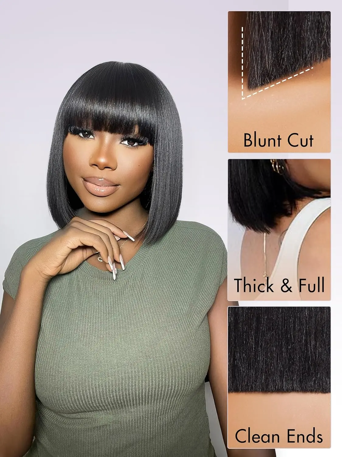10 Inch Light Yaki Straight Bob Wig with Bangs Human Hair  display picture 1