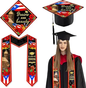 2 Pcs Puerto Rican Graduation Stole and Cap Set Class of 2026 Coqui Frog Puerto Rico Flag Graduation Sash