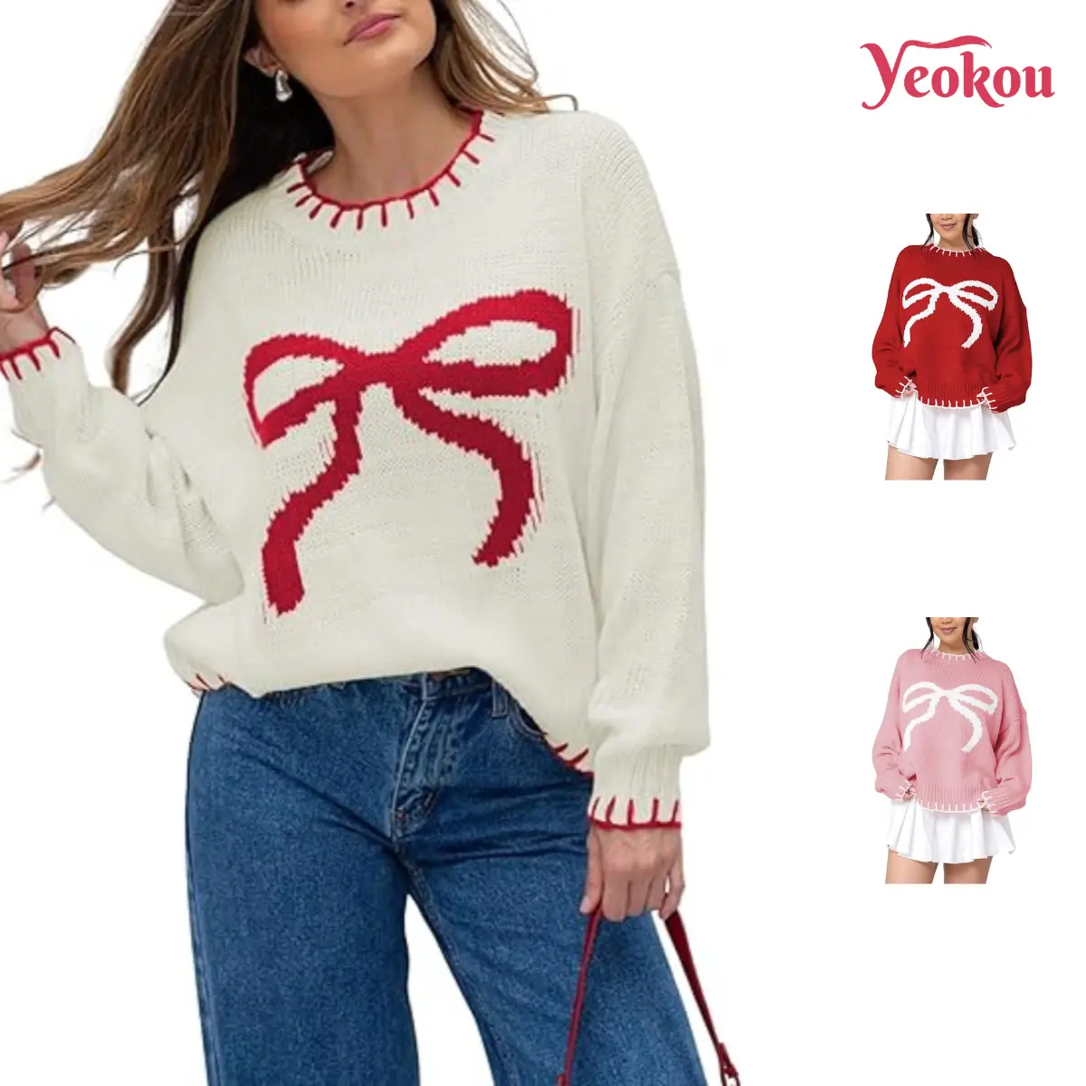 Yeokou Womens 2026 Fall Sweater Long Sleeve Crewneck Cropped Knit Sweaters Plus Size Cute Bow Pullover Tops