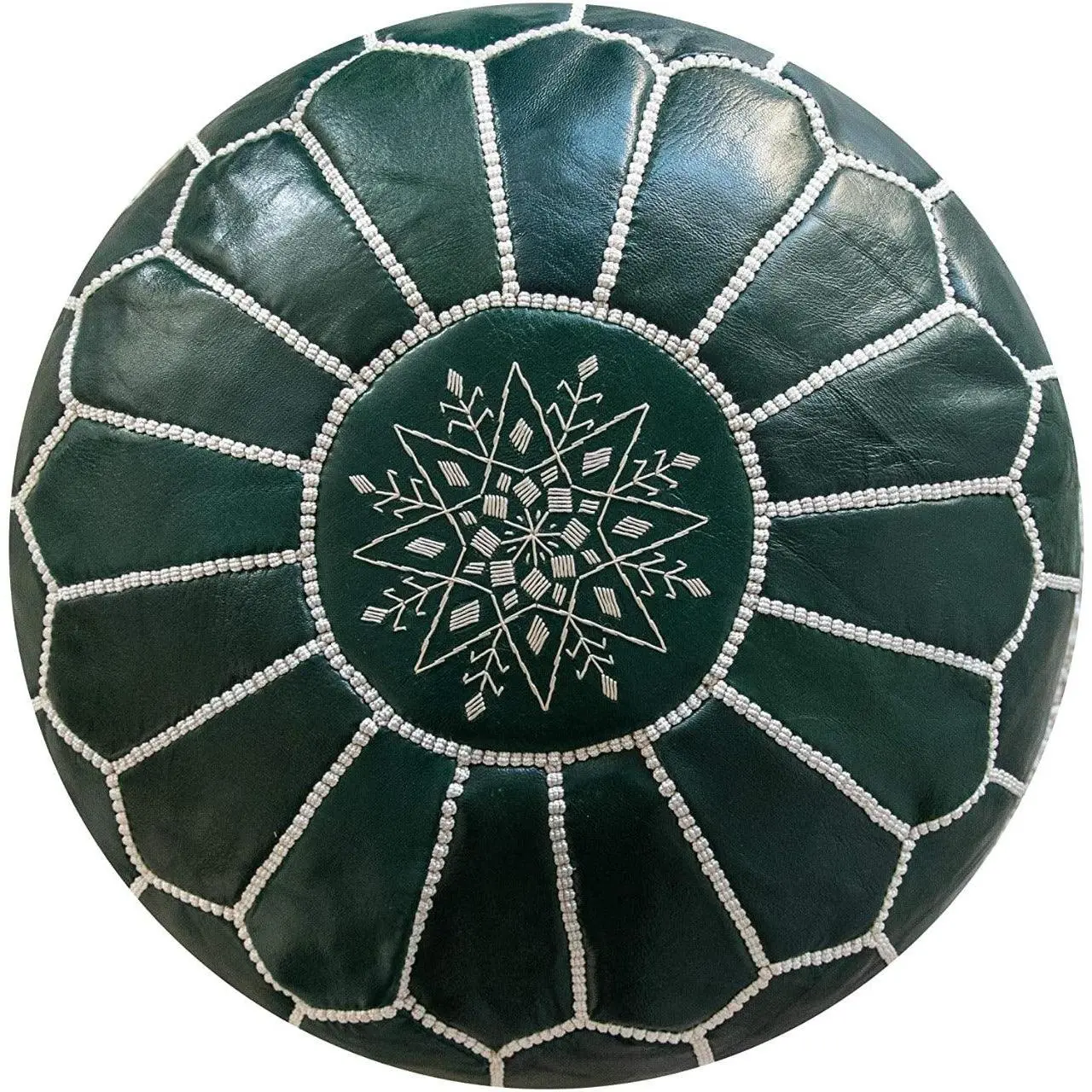Embroidered Leather Pouf Ottoman - handmade Moroccan Pouf
