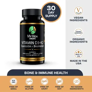 My Vida Origins Vitamin D3 + K2 with Quercetin & Bromelain – Vegan Formula with MCT Oil for Max Absorption – Supports Bone, Immune & Heart Health – 2100 IU – 30 Servings