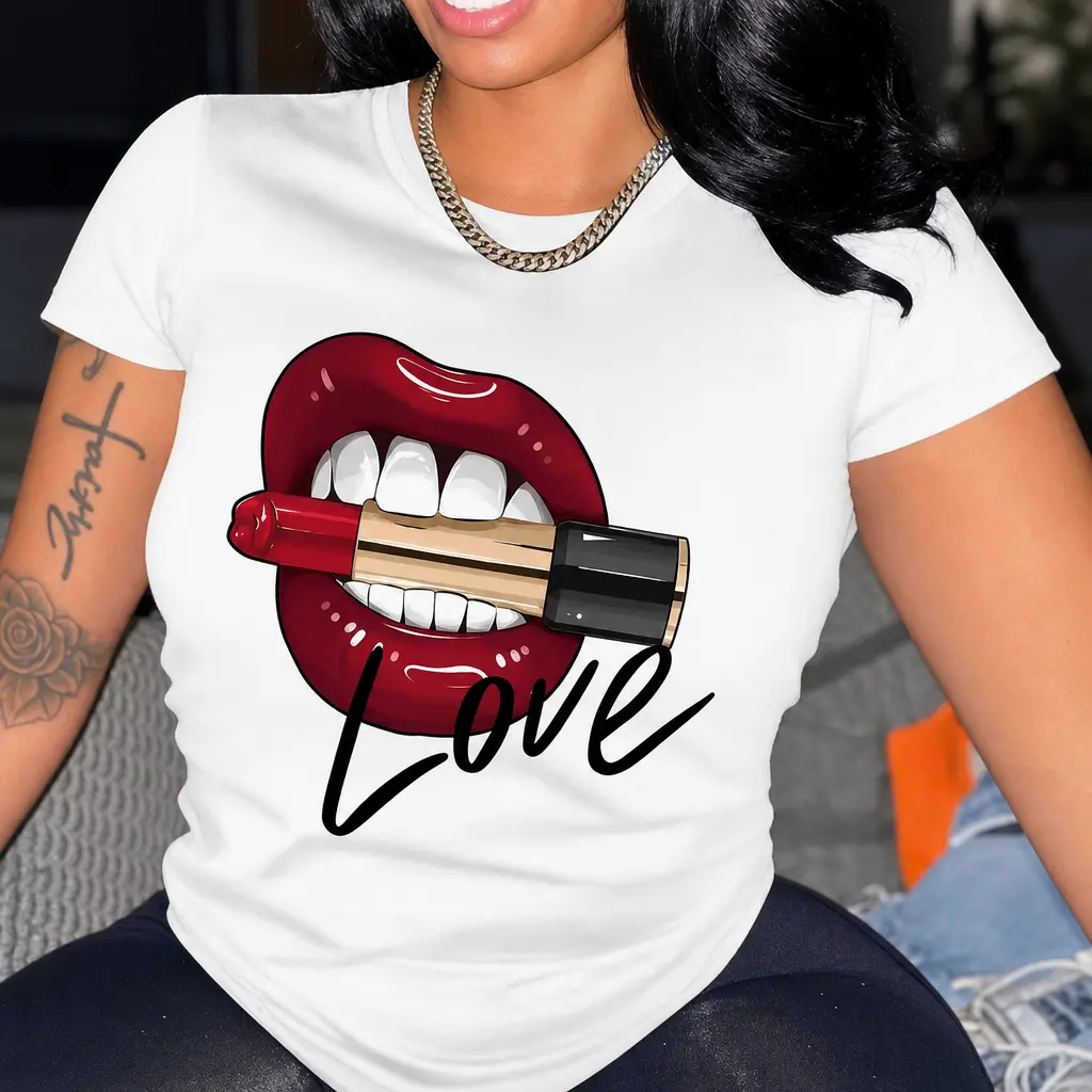 Women Trendy Crew Neck Short Sleeve Tee, Bold Red Lips With Lipstick And Love Script Letter Graphic Print Soft Casual T‑Shirt