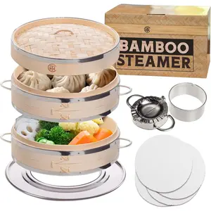 Steamer 10 Inch - Dumpling Steamer Basket 2 Tier,  Steamers For Cooking Dumplings, Bao Bun, Dim Sum, Rice Potsticker & Veggie  Steaming Basket with Steel Rims, Handles & Accessories