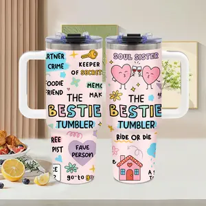 Bestie Friendship， 40oz tumbler with handle， Summer Ice Stainless Steel Vacuum Insulated Travel Mug， pastel cute cartoon design， Best Friend Lover Gift， for home and office， Birthday Gift， Water Bottle， Tumbler Gift for Women and Men