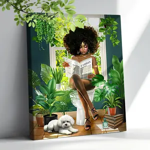 African American Bathroom Decor Wall Art Green Botanical Black Girl Pictures Canvas Wall Decor Fashion Modern Black Woman Framed Artwork For Bathroom Bedroom 12"x16" Ornaments Photo