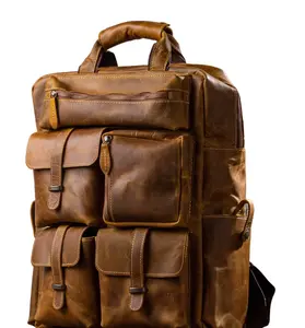 Heritage Nomad Leather Backpack - Brown Full-Grain Distressed Leather with 4 Front Pockets & Adjustable Straps for Everyday Use Stylish Daypacks Stud Bookbag