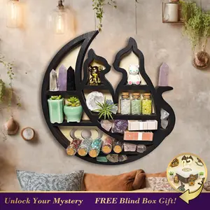 FNYDOX Crystal Display Shelf for Wall Cats on The Moon Shelf Crescent Moon Phase Cute Home Decor Wooden Rock Display Shelf Crystal Holder Stone Storage Aesthetic Hanging Floating Organizer