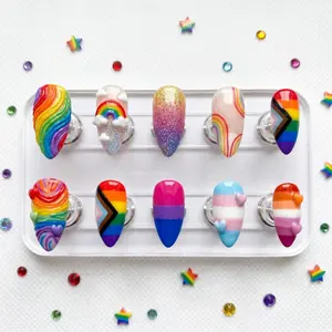 Rainbow Press On Nails, Celestial Pride Month Acrylic Fake, Summer Gel Glue On
