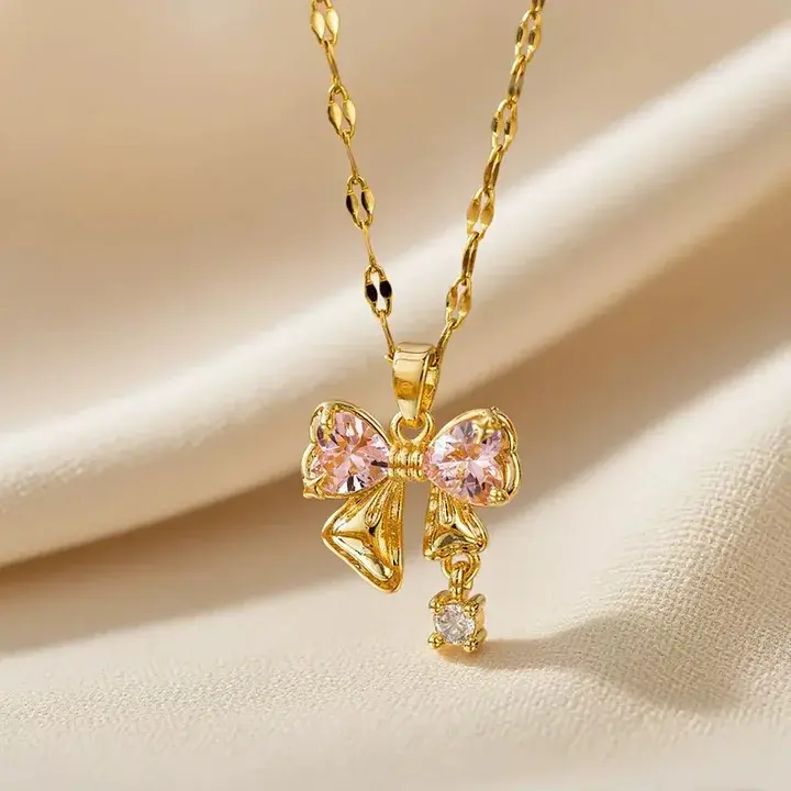Sparkly Pink Heart Bow Pendant Necklace, Feminine Daily Fashion Neck Jewelry, Delicate Gift for Sweet Life Wishes, Shiny Rhinestone Accessory