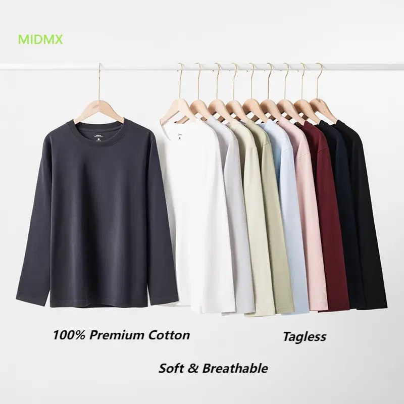 MIDMX Men's Retro Long-Sleeve T-Shirt in 100% Premium Cotton, Relaxed Fit Crew Neck Top, Breathable Fall Streetwear for Easy Layering, None, Fitted