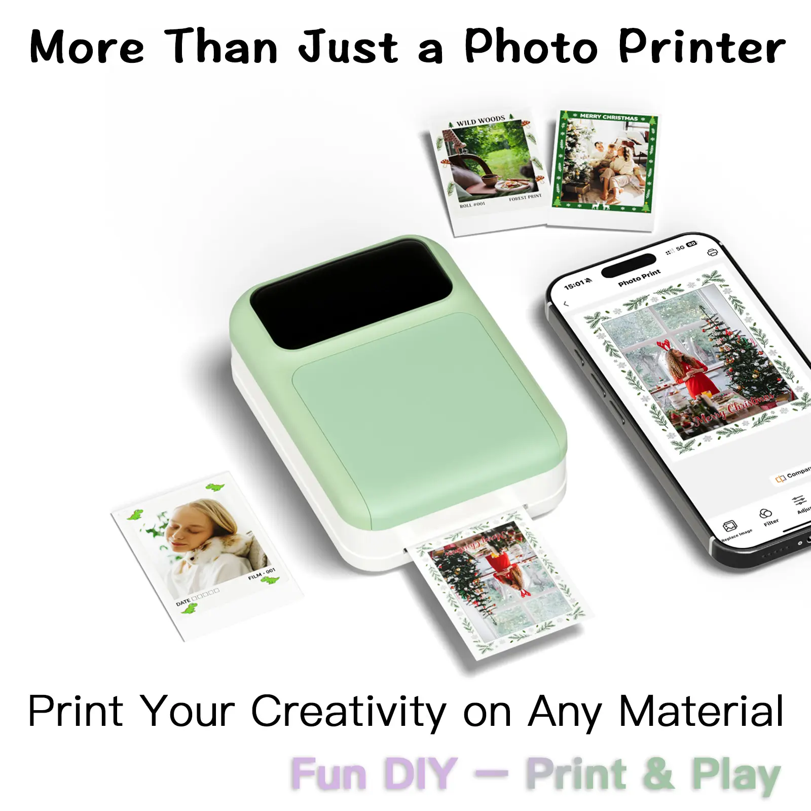 4-in-1 Pocket Creative printer, instant color inkjet mini printer with adhesive back photos, student portable Bluetooth printer, personalized sticker DIY instant printing, USB rechargeable, ink cartridge replaceable
