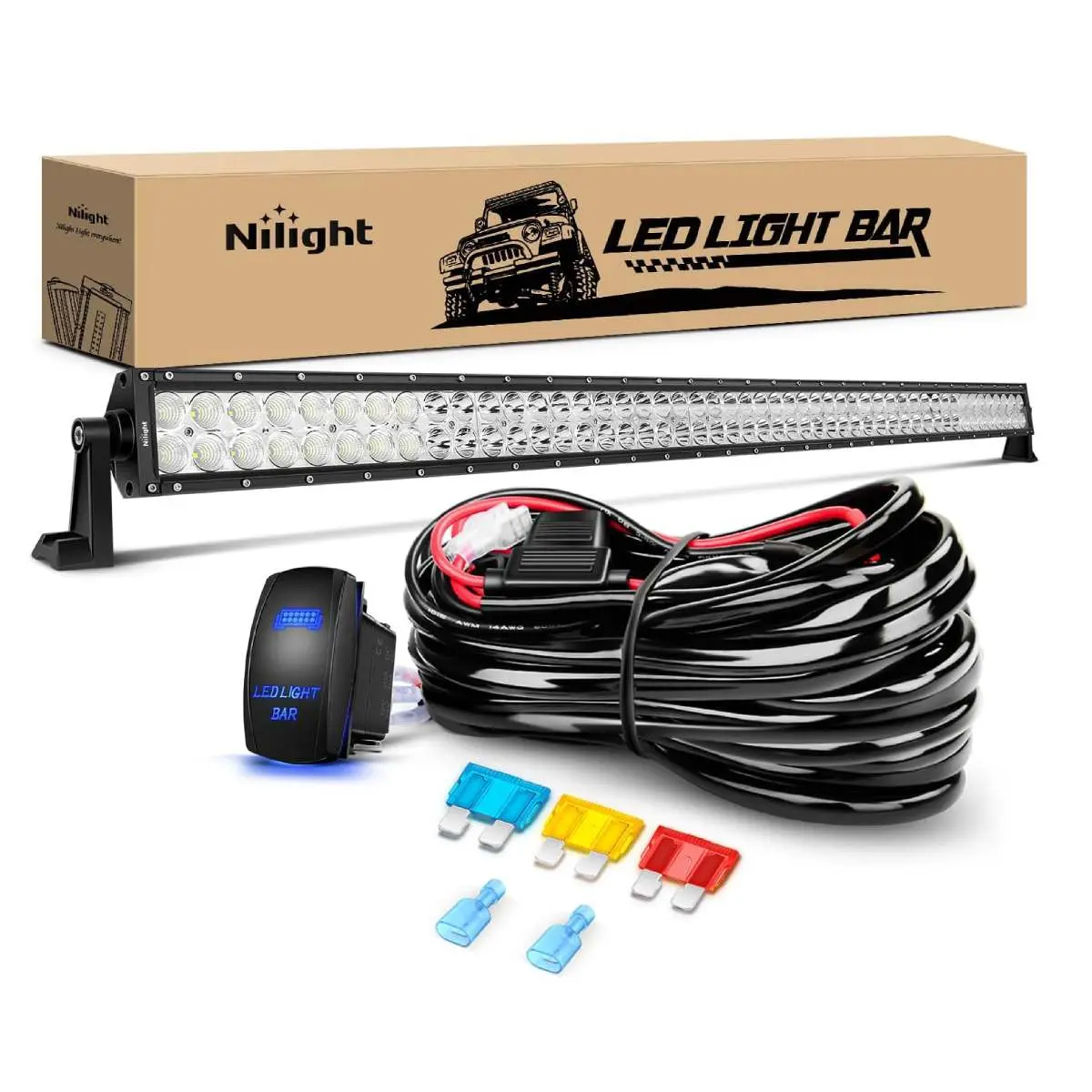 Nilight 52Inch 300W Power Output Spot Flood Combo LED Light Bar, Off Road Lights, 12V Compatibility, 5-Pin Rocker Switch, 14AWG 1-Lead Wiring Harness Kit, Car Automotive Accessories, Led Work Light