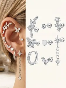 8 Pcs Hypoallergenic Flat Back Earrings for Women Cartilage Earring Stacks Stainless Steel Earring Stacking Set Small Flatback Stud Hoop Earring Set for Cartilage and Helix Piercing Jewelry Trendy