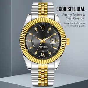 Two-Tone Fluted Bezel Men’s Watch, Stainless Steel Jubilee Link Bracelet, Roman Numeral Dial With Crystal Index Markers, Date Display Window, Classic Business Dress Wristwatch, Multiple Finish Options Available