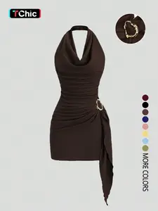 Solid Color Halter Neck Sleeveless Backless Slim Fit Ruched Dress, Chic Minimalist Casual Office Wear for Women, Elegant & Comfortable for Daily Use