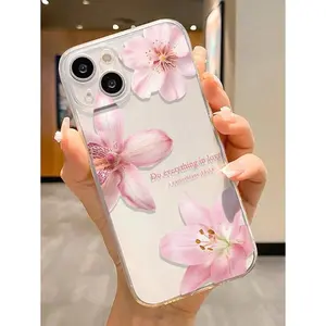 1pc Perforated Transparent Pink Flower Painted Thick Shockproof Transparent Phone Case/Cover/Protection Shell Compatible With IPhone 16/11/16pro/16plus/16promax/16e/15Promax/13/14/12/XS/XR/7G/8P