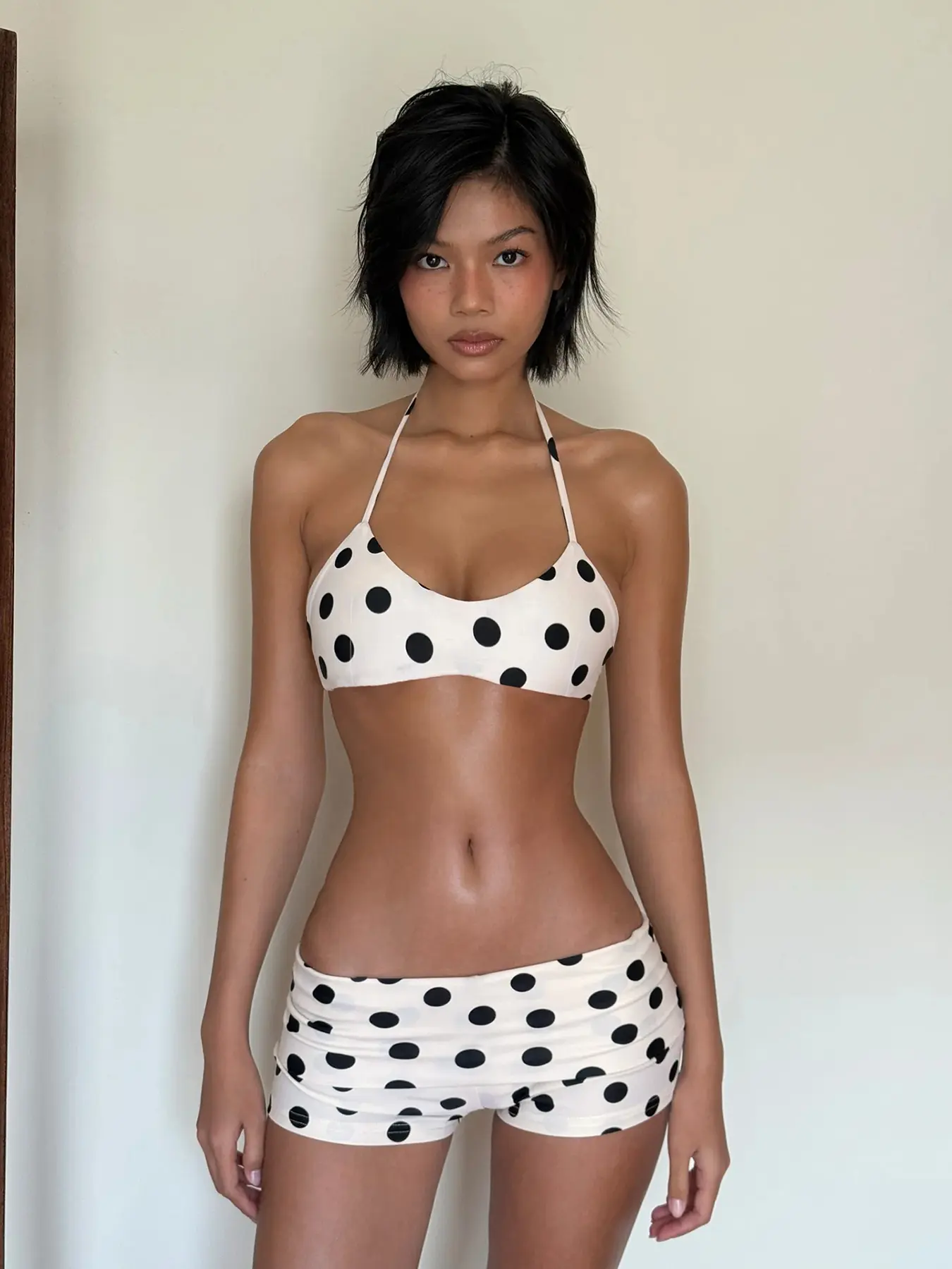 Women's Holiday Style Colorblock Polka Dot Bikini Set With Shorts, Sexy Halter Top & Low Waist Slim Shorts Two-Piece, Beach Vacation Island Travel, Halter Neck Bikini, Swimsuit Bikini Set