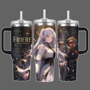 Frieren Beyond Journey’s End Elf Mage Anime Stainless Steel Insulated Tumbler, 20oz/40oz with Straw Lid Included, 40oz Handle, Gold Magic Staff Full Wrap Design Gift for Fans