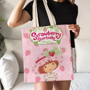 Pink Color Strawberry Shortcake Cute  Storage Bags Canvas Double-Sided Print Tote Bag Large Capacity Shoulder Students Festive Fashion Eco Outdoor Picnic Travel High Quality Shopping Handbag Machine Washable Foldable Reusable