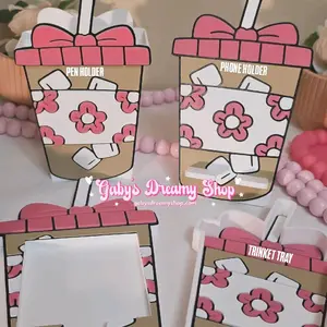 Iced Coffee Desk Decor, Pen Holder, Sticky Note Holder, Office Decor, Coffee, Desk Setup, Phone Holder, Jewelry Tray