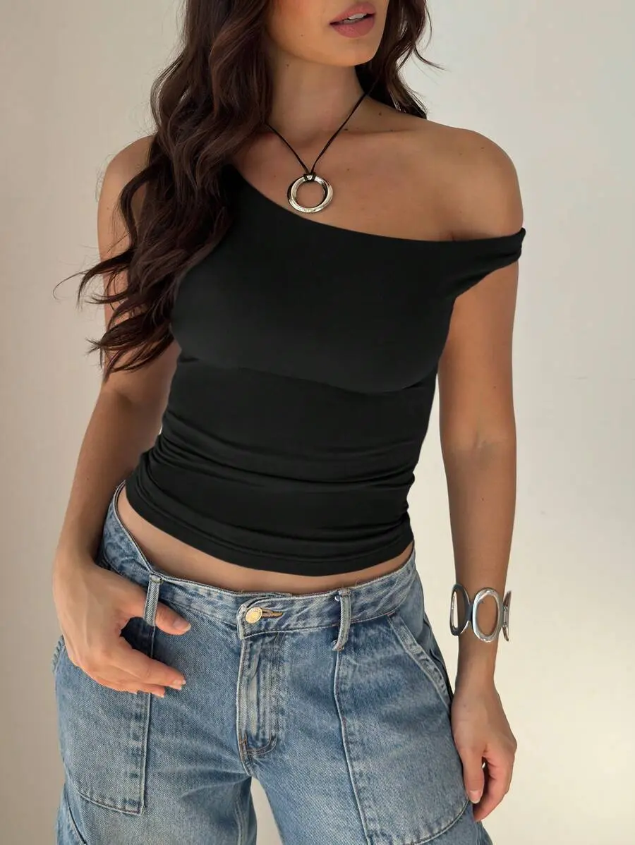 JUST x [FS] Asymmetric Collar Solid Color Pleated Summer Short Sleeve Top Casual Black