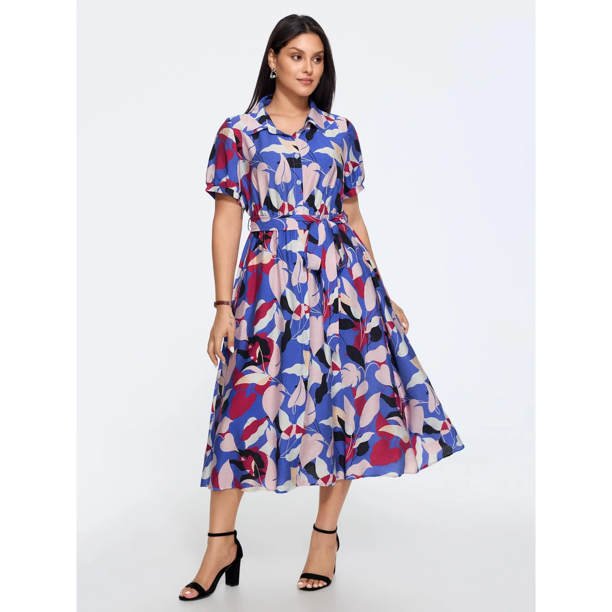 BLOOMCHIC Plus Size Supersoft Abstract Leaf Print Waist Tie Shirt Midi Dress[M-6X] 2026 Summerfinds