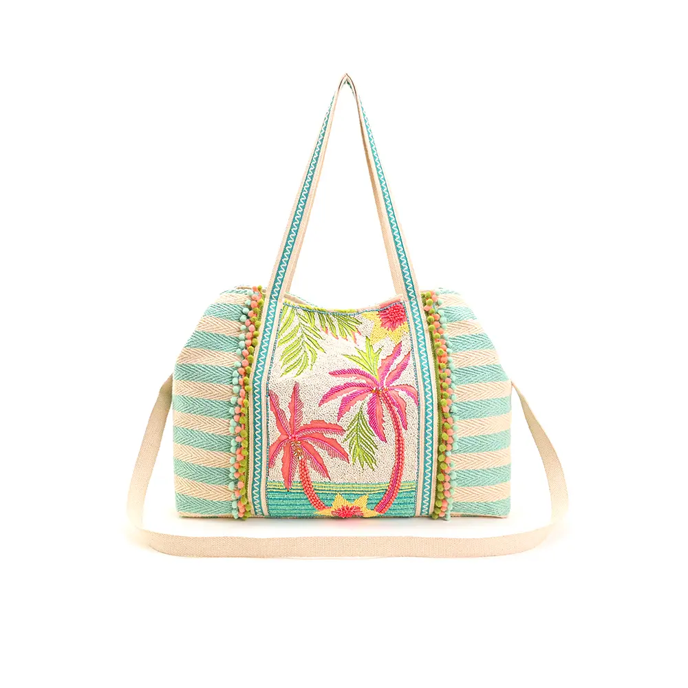 Palms Away Embellished Tote with Colorful Palm Leaf Design Striped Pattern and Beaded Details for a Vibrant Look